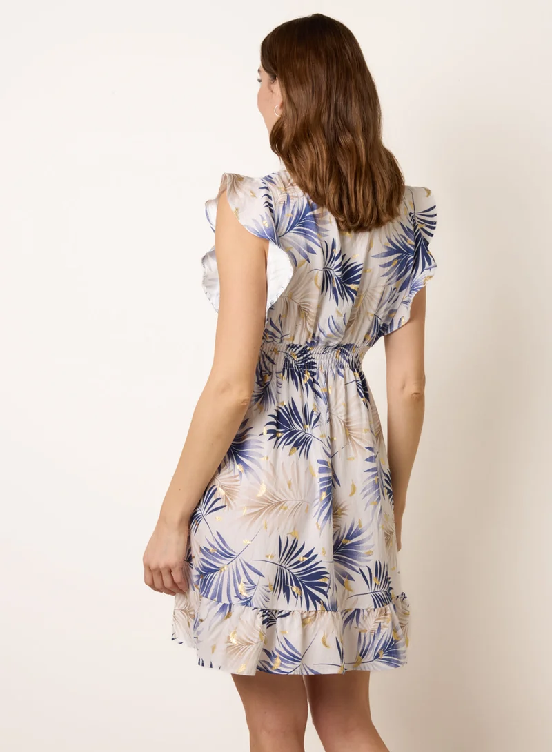 Blue Vanilla Tropical Dress With Leaf Print